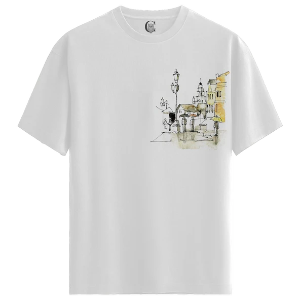 Urban Sketch - %100 Pamuklu Kadın Beyaz Tişört - Premium Quality ürün görseli 1
