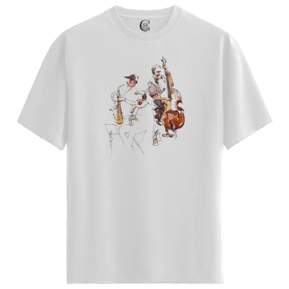 Jazz Duo - %100 Pamuklu Kadın Beyaz Tişört - Premium Quality ürün görseli 1