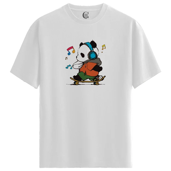 Skater Panda - %100 Pamuklu Erkek Beyaz Tişört - Premium Quality ürün görseli 1