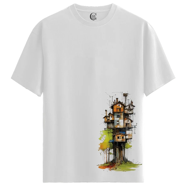 Treehouse City - %100 Pamuklu Erkek Beyaz Tişört - Premium Quality ürün görseli 1