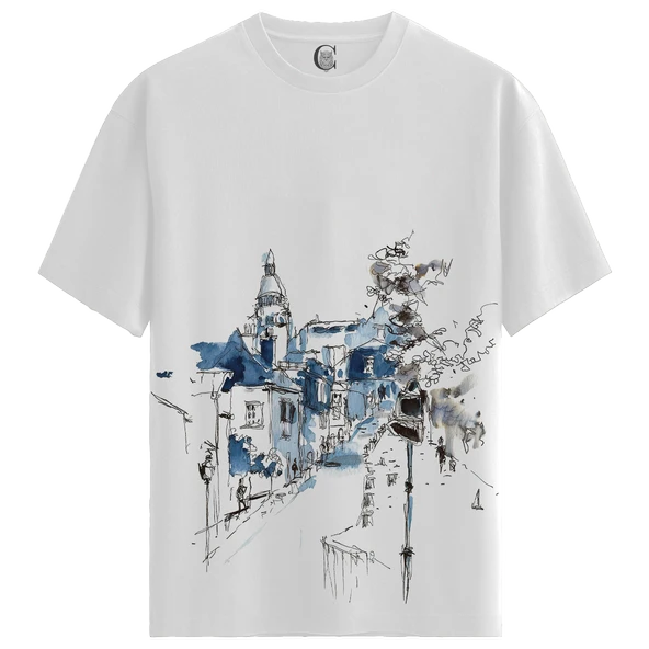 Blue Cityscape - %100 Pamuklu Erkek Beyaz Tişört - Premium Quality ürün görseli 1