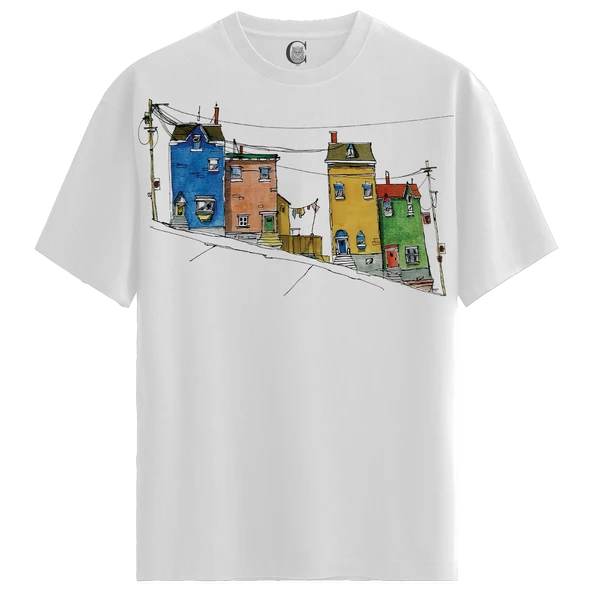 Colorful Hillhouses - %100 Pamuklu Erkek Beyaz Tişört - Premium Quality ürün görseli 1