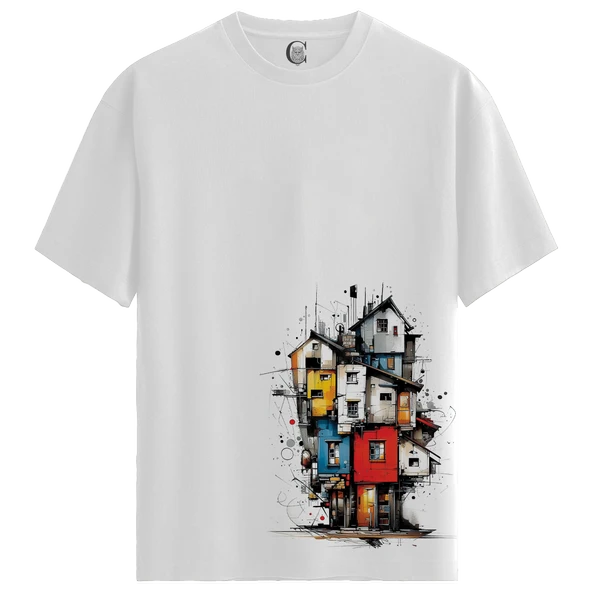 Colorful Architecture - %100 Pamuklu Erkek Beyaz Tişört - Premium Quality ürün görseli 1