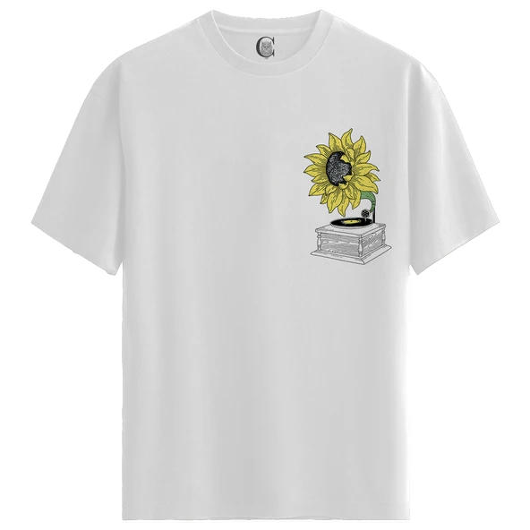 Sunflower Vinyl - %100 Pamuklu Erkek Beyaz Tişört - Premium Quality ürün görseli 1