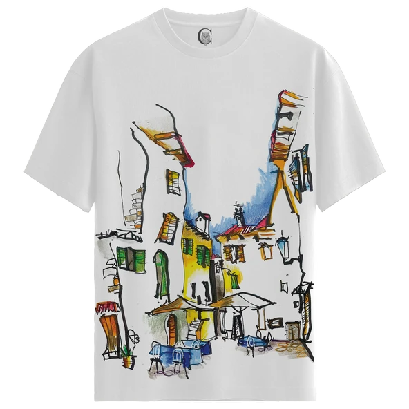Mediterranean Street - %100 Pamuklu Erkek Beyaz Tişört - Premium Quality ürün görseli 1