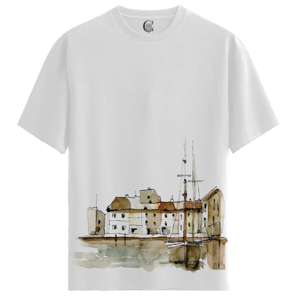 Harbor Town - %100 Pamuklu Erkek Beyaz Tişört - Premium Quality ürün görseli 1