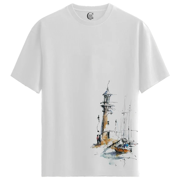 Harbor Lighthouse - %100 Pamuklu Erkek Beyaz Tişört - Premium Quality ürün görseli 1