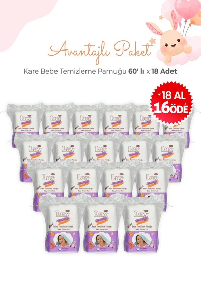 Lux 18 Al 16 Öde Kare Bebe Temizleme Pamuğu 60' lı ürün görseli 1
