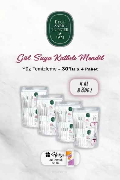 4 AL 3 ÖDE Eyüp Sabri Tuncer Gül Suyu Yüz Temizleme Mendili 30'lu, Pamuk Hediyeli ürün görseli 1