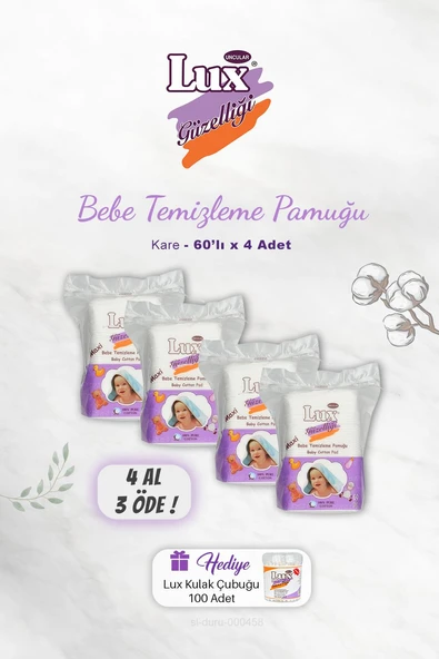 4 AL 3 ÖDE Lux Kare Bebe Temizleme Pamuğu 60' lı, Kulak Çubuğu Hediyeli ürün görseli 1