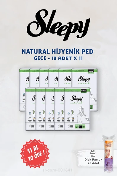 Sleepy Natural Ultra Hijyenik Ped 11 AL 10 ÖDE Gece 18 li ve Disk Pamuk 70 li ürün görseli 1