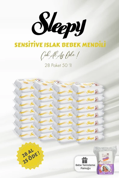 Sleepy Sensitive 28 AL 25 ÖDE Islak Bebek Mendili 50'li ve Bebe Temizleme Pamuğu ürün görseli 1