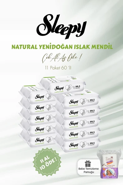 Sleepy Natural Yenidoğan Islak Bebek Havlusu 60'lı 11 AL 10 ÖDE ve Bebe Pamuğu ürün görseli 1