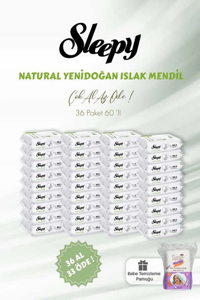 Sleepy Natural Yenidoğan Islak Bebek Havlusu 36 AL 33 ÖDE 60'lı ve Bebe Pamuğu ürün görseli 1