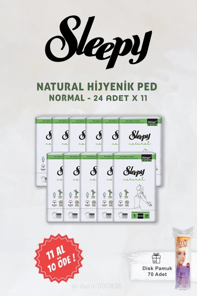 Sleepy 11 AL 10 ÖDE Natural Hassas Hijyenik Ped Normal 24 Adet ve Disk Pamuk ürün görseli 1