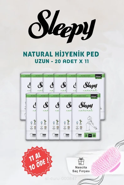 Sleepy 11 AL 10 ÖDE Natural Ultra Hassas Hijyenik Ped Uzun 20 li ve Saç Fırçası ürün görseli 1