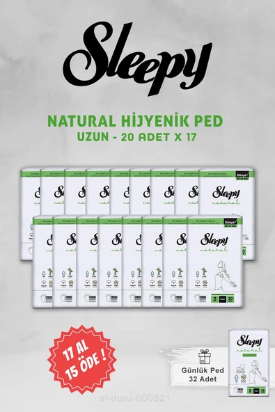 Sleepy 17 AL 15 ÖDE Natural Hijyenik Ped Uzun 20 Adet ve Günlük Ped Uzun 32 Adet ürün görseli 1