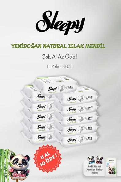 Sleepy Natural Yenidoğan Islak Mendili 90 Adet 11 AL 10 ÖDE ve 60'lı ROSIE ürün görseli 1
