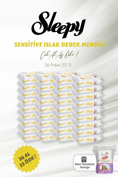 36 AL 33 ÖDE 50'li Sleepy Sensitive Islak Bebek Mendili ve Bebe Temizleme Pamuğu ürün görseli 1