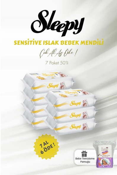 Sleepy Sensitive Islak Mendil 7 AL 6 ÖDE 50 Yaprak ve Bebek Temizleme Pamuğu ürün görseli 1