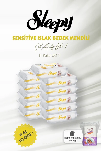 Sleepy Sensitive Islak Bebek Mendili 11 AL 10 ÖDE 50'li ve Bebe Temizleme Pamuğu ürün görseli 1