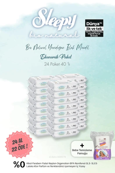 Sleepy Bio Natural Islak Havlu 40'lı  24 AL 22 ÖDE ve Bebe Temizleme Pamuğu ürün görseli 1