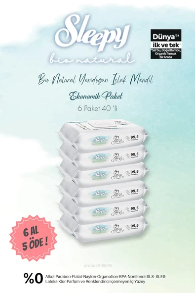 Sleepy Bio Natural Islak Havlu 40'lı  6 AL 5 ÖDE ve Bebe Temizleme Pamuğu, ürün görseli 1