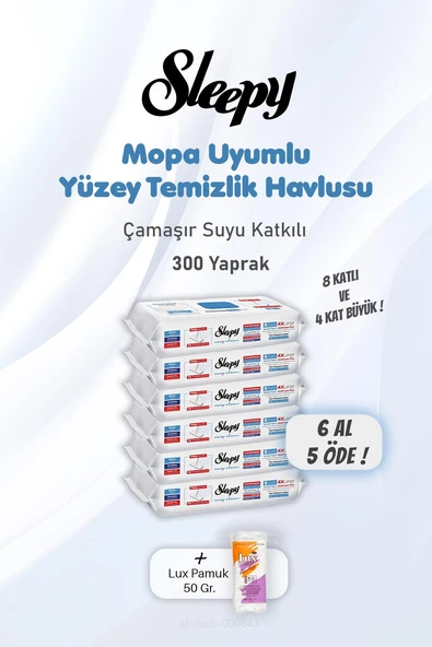 Sleepy Yüzey Temizlik Havlusu Çamaşır Suyu Katkılı 6 AL 5 ÖDE 300 Yaprak ve Pamuk ürün görseli 1