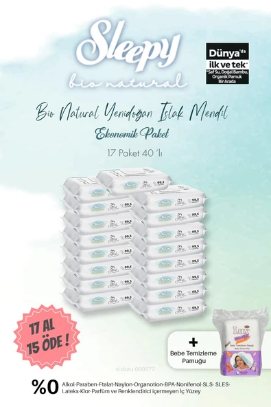 Sleepy Bio Natural Islak Havlu 40'lı 17 AL 15 ÖDE ve Bebe Temizleme Pamuğu ürün görseli 1
