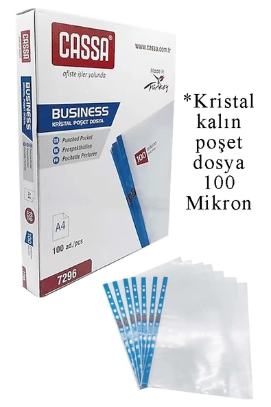 Poşet Dosya A4 Kristal 100 Lü 1 Paket Cassa 7296 Kalın Poşet Dosya Föy Mavi Şeritli 100 Mikron Şeffaf Belge Arşivleme ürün görseli 1