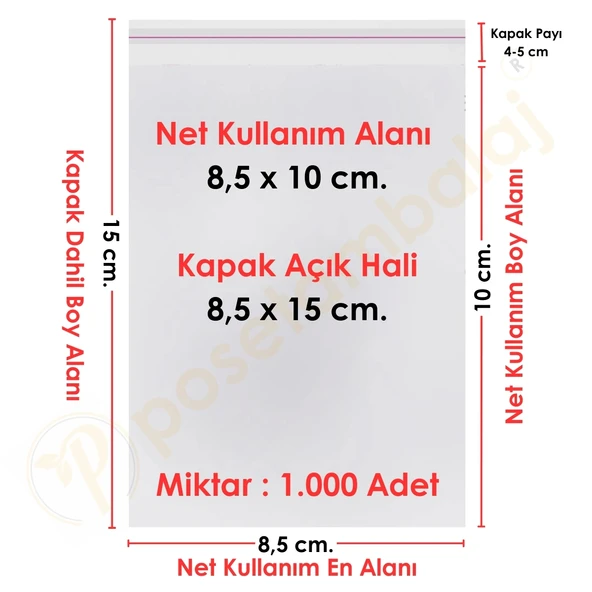 8,5x10+5 cm.(8,5x15) 1.000 Adet Şeffaf Bantlı Yapışkanlı OPP Poşet ürün görseli 1