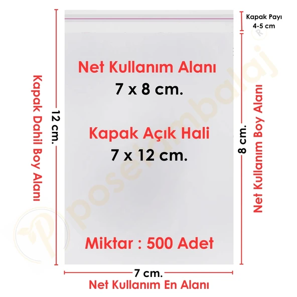 7x7+5 cm.(7x12) 500 Adet Şeffaf Bantlı Yapışkanlı OPP Poşet ürün görseli 1