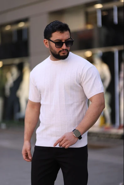 Bisiklet Yaka Kısa Kol Erkek Örme Triko Tişört - Resim 4