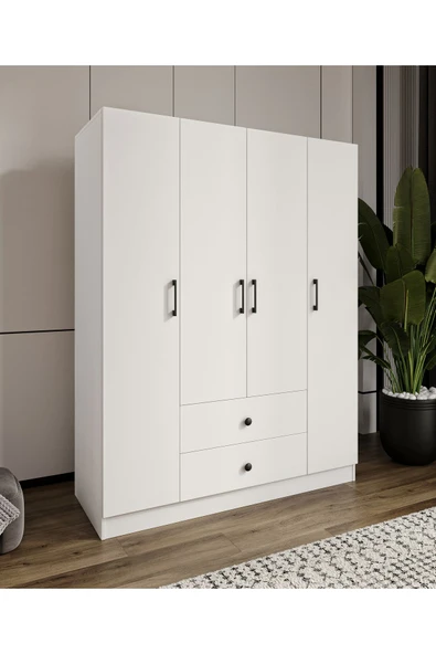 CABİNSE %100 MDF 4 Kapaklı 2 Çekmeceli 12 Raflı Elbise Dolabı SOFT BEYAZ CABİNSE - KOLAY KURULUM ANİMASYONLU ürün görseli 1