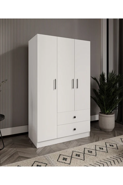 CABİNSE %100 MDF  ELBİSE DOLABI 3 Kapaklı 2 Çekmeceli 7 Raflı GARDIROP -SOFT BEYAZ CABİNSE KURULUM ANİMASYON ürün görseli 1