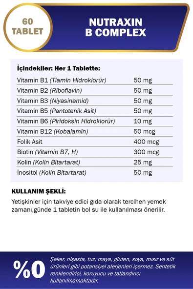 B Complex Vitamin 60 Kapsül B1, B2, B3, B5, B6, B12, Biotin - Resim 2