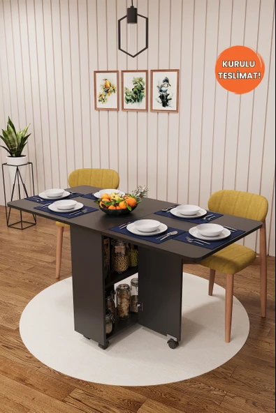 Lüks Katlanır Mutfak Yemek Masası %100 MDF Pratik Raflı Çalışma Masası KM29 ürün görseli 1