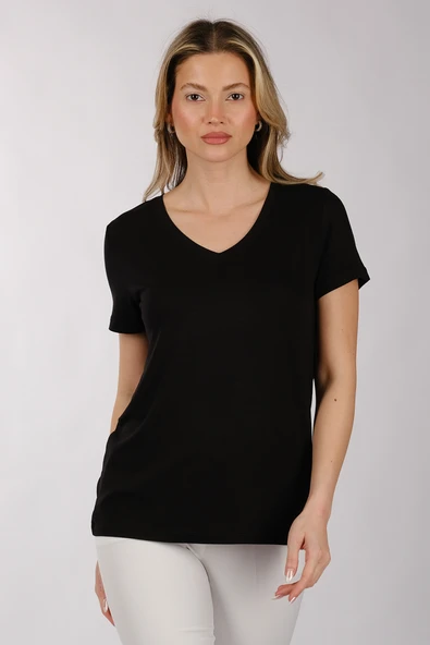 Daıdo Minimalist V Yaka Kısa Kol Kadın T-Shirt - Günlük Kullanım ürün görseli 1