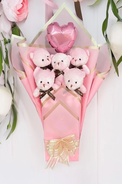 Sole Sevgiliye Özel Pembe Konsept Balonlu Romantik Peluş Ayıcık Buketi ürün görseli 1