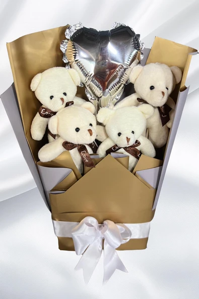 Sole Sevgiliye Özel Dore-Gümüş Konsept Balonlu Romantik Peluş Ayıcık Buketi ürün görseli 1