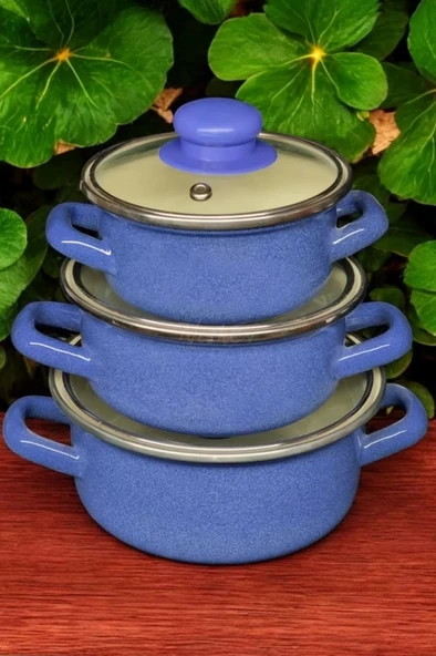Lüks Emaye 6 Parça Mini Tencere Seti 12/14/16 Cm Mavi KR072-C ürün görseli 1