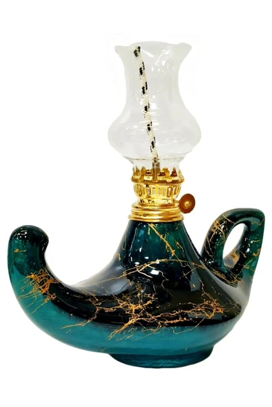 Mermer Desenli Siyah/zümrüt Yeşil El Yapımı Kütahya Çinisi Gaz Lambası Büyük Aladdin Gaz Lambası ürün görseli 1