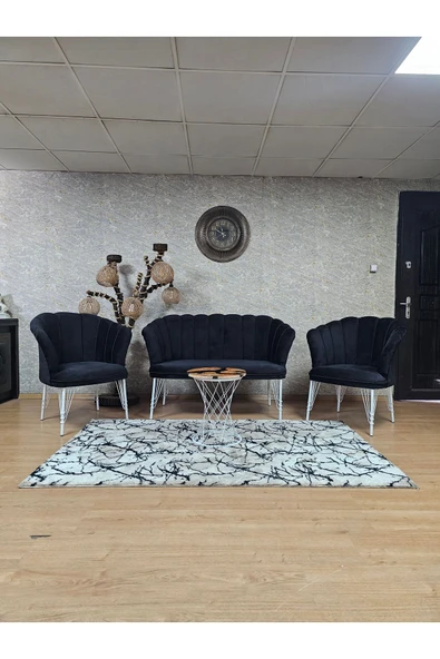 Beyaz Boyalı Tel Ayak Siyah Döşeme Papatya Çay Seti Koltuk Takımı , Balkon, Salon, Ofis, Cafe Koltuk Takımı ürün görseli 1