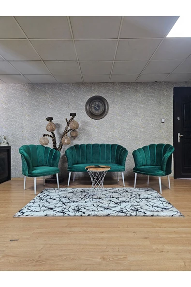 Beyaz Boyalı Sivriltme Ayak Yeşil Döşeme Papatya Çay Seti Koltuk Takımı , Balkon, Salon, Ofis, Cafe Koltuk Takımı ürün görseli 1
