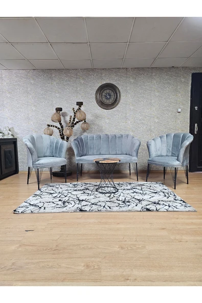 Siyah Boyalı Tel Ayak Gri Döşeme Papatya Çay Seti Koltuk Takımı , Balkon, Salon, Ofis, Cafe Koltuk Takımı ürün görseli 1