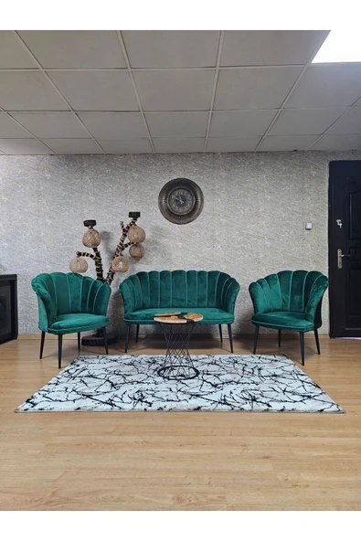 Siyah Boyalı Sivriltme Ayak Yeşil Döşeme Papatya Çay Seti Koltuk Takımı , Balkon, Salon, Ofis, Cafe Koltuk Takımı ürün görseli 1