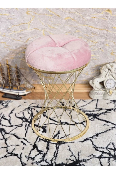 Yuvarlak Gold  Kaplama  Pota - Pembe Babyface Kumaş  Puf , Bench , Puf Oturak , Bench , Ayak Ucu Oturak , Tabure , Makyaj Oturak ürün görseli 1