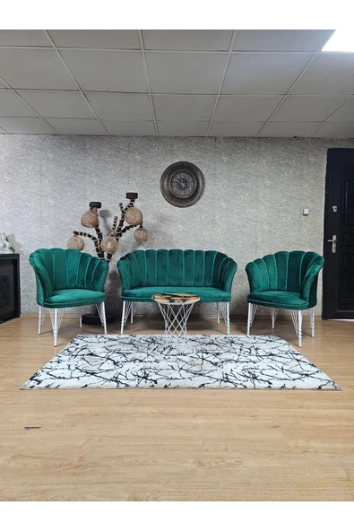 Beyaz Boyalı Tel Ayak Yeşil Döşeme Papatya Çay Seti Koltuk Takımı , Balkon, Salon, Ofis, Cafe Koltuk Takımı ürün görseli 1