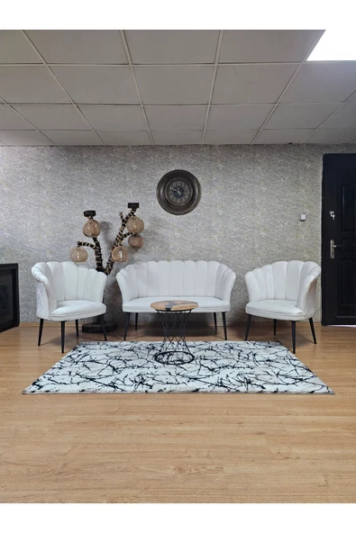 Siyah Boyalı Sivriltme Ayak Krem Döşeme Papatya Çay Seti Koltuk Takımı , Balkon, Salon, Ofis, Cafe Koltuk Takımı ürün görseli 1