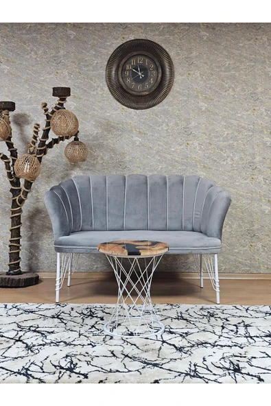 İkili Beyaz Boyalı Tel Ayak Gri Döşeme Papatya Çay Seti Koltuk Takımı , Balkon, Salon, Ofis, Cafe Koltuk Takımı ürün görseli 1